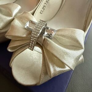 Stuart Weitzman Cream Satin Heels with Swarovski Crystal Bow